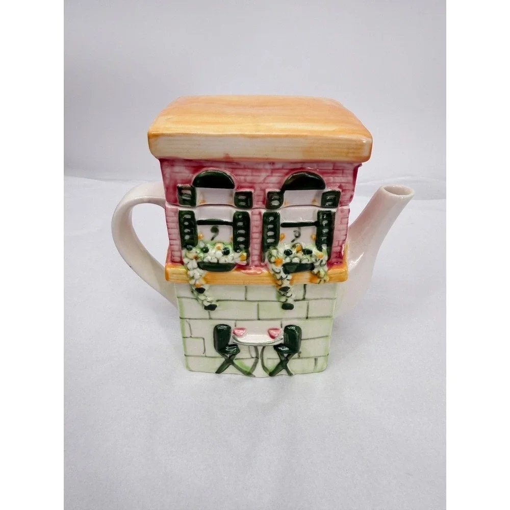 Cafe Teapot House Shaped Canister Cookie Jar Novelty House Bistro Kitchen Decor